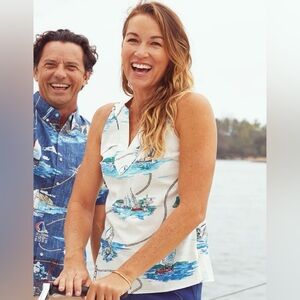 Reyn Spooner Pacific Cup 22 Sleeveless White and Blue Nautical Top